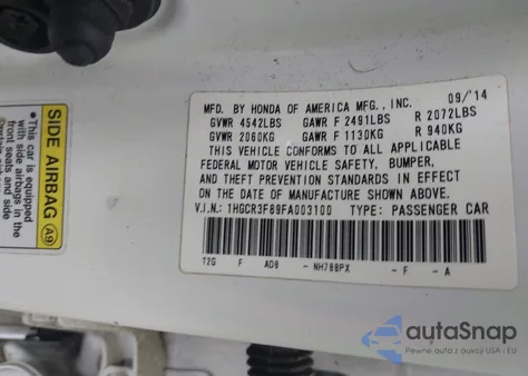 2015 Honda Accord Ex-L V-6 z USA, uszkodzony, nr VIN 1HGCR3F89FA003100